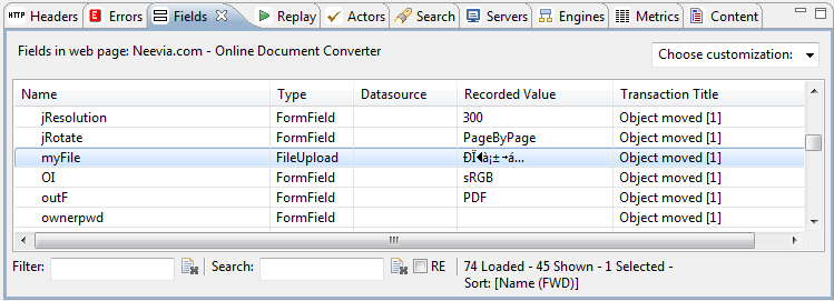 Screen Shot of File Upload selected in Fields View