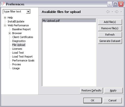Screen Shot of File Upload Preferences